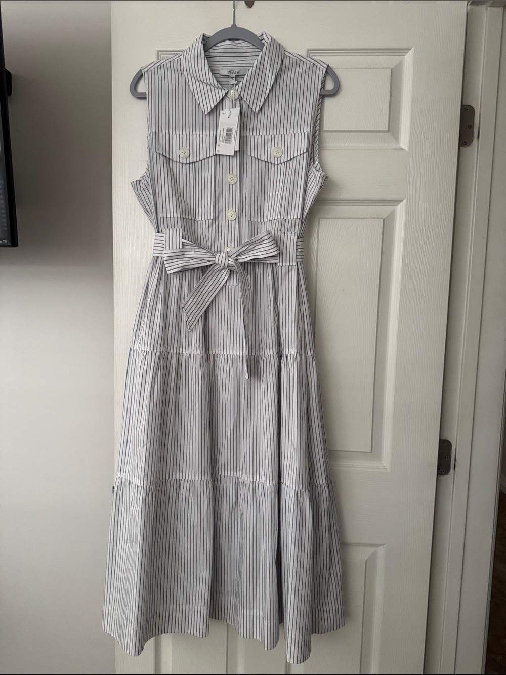Derek Lam Sleeveless White Dress with Blue Pinstripes and Tie Belt size14